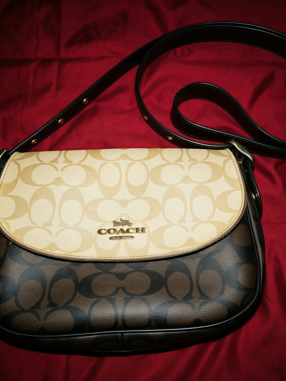 Coach Two-Tone Signature Saddle Crossbody Bag in Beige and Brown